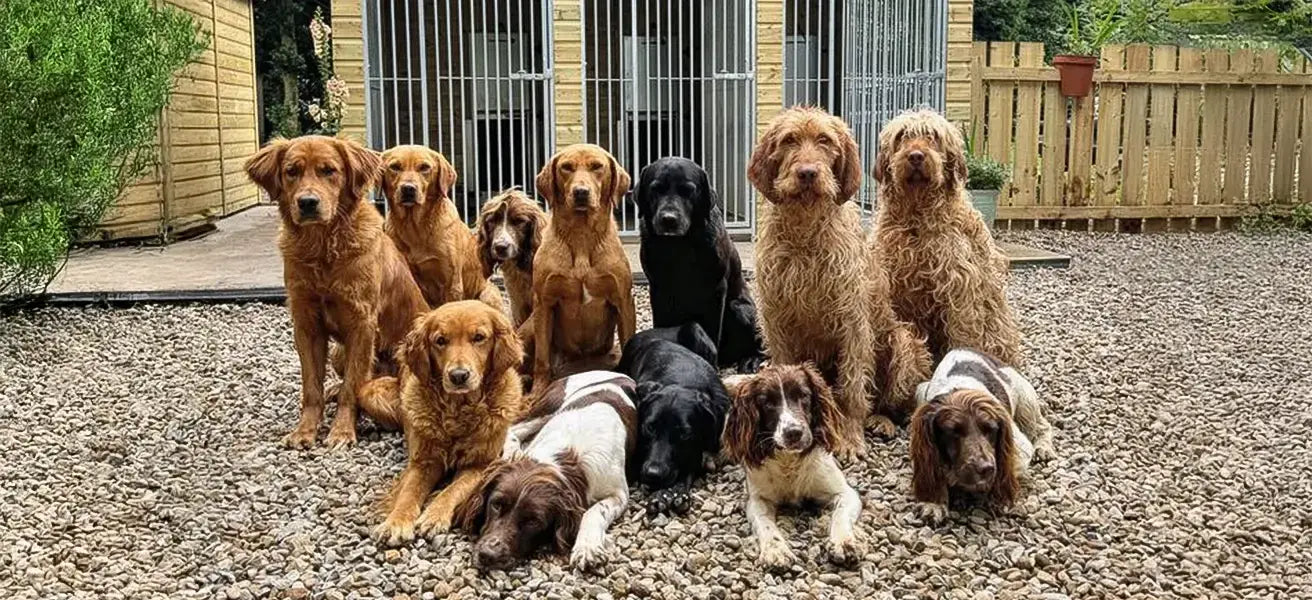 Multiple dogs stood in front of a kennel