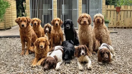 Multiple dogs stood in front of a kennel